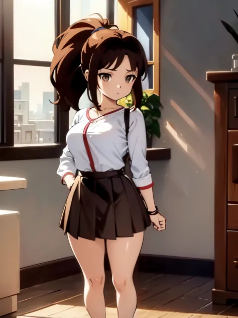 masterpiece, best quality, beautiful, highres, a girl, troubled, standing, front view, ponytail, brown hair, brown eyes, eyes open, fair skin, short, medium breasts, blouse, skirt, in the room, in the morning, anime, full body shot, from front,