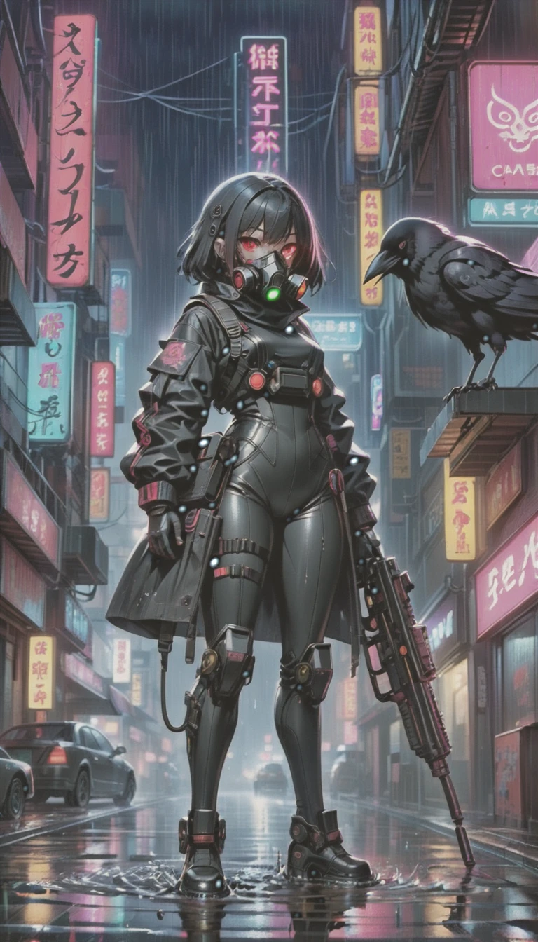 cyber punk，Cute Armed Girl，bob，Blood on the face，neon sign，downtown at night，A lot of neon signiscellaneous，night rain，get wet in the rain，Reflected in a puddle，Mechanical Townscape，Neon sign in a multi-tenant building，Electric wires are strung all over the place.，night town，Crow，railgun，A gas mask like Casshern，Red eyes glowing，end of the century，Make the neon shine brightly，Overall dark