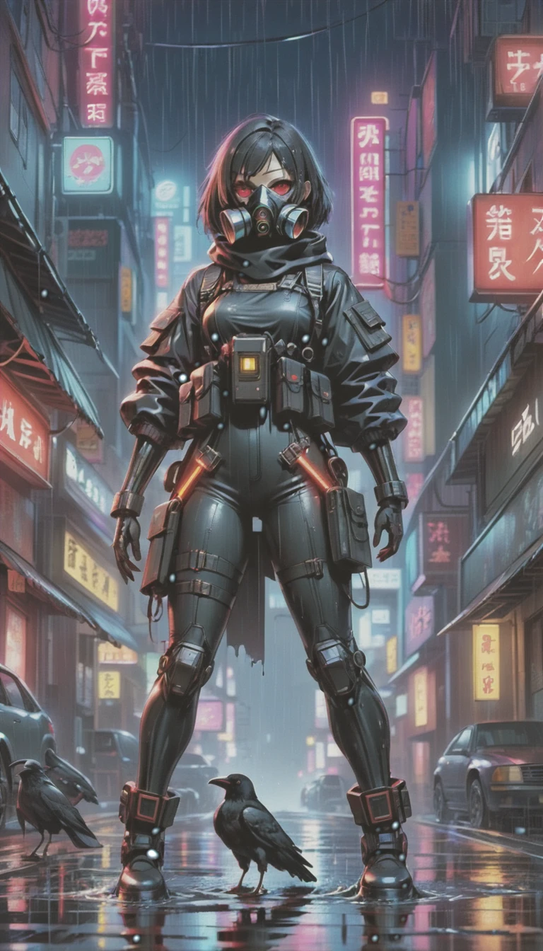 cyber punk，Cute Armed Girl，bob，Blood on the face，neon sign，downtown at night，A lot of neon signiscellaneous，night rain，get wet in the rain，Reflected in a puddle，Mechanical Townscape，雑居ビルにneon sign，Electric wires are strung all over the place.，night town，Crow，railgun，A gas mask like Casshern，Red eyes glowing，end of the century，Make the neon shine brightly，Overall dark