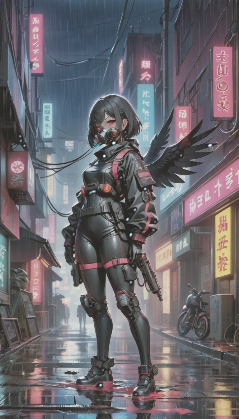 cyber punk，Cute Armed Girl，bob，Blood on the face，neon sign，downtown at night，A lot of neon signiscellaneous，night rain，get wet in the rain，Reflected in a puddle，Mechanical Townscape，雑居ビルにneon sign，Electric wires are strung all over the place.，night town，Crow，railgun，A gas mask like Casshern，Red eyes glowing，end of the century，Make the neon shine brightly，Overall dark