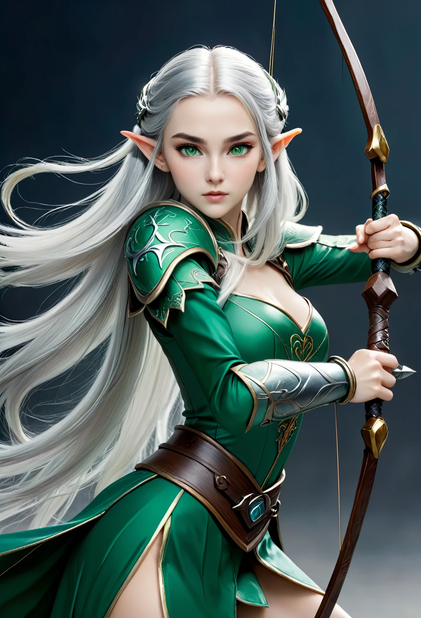 (masterpiece), 8k, best quality, panoramic view, viewing the left side of the entire body, Elf, young, 17 years old, with slightly flushed white skin, subtly contrasting with her long, silver hair. Her body was slim and athletic, with a height of 168cm. Her green eyes, conservative detailed warrior outfit, holding war bow with rune writing, warrior, brave, strong, heroine, valor, fearless, full of action, adventure, heroic pose, serious expression