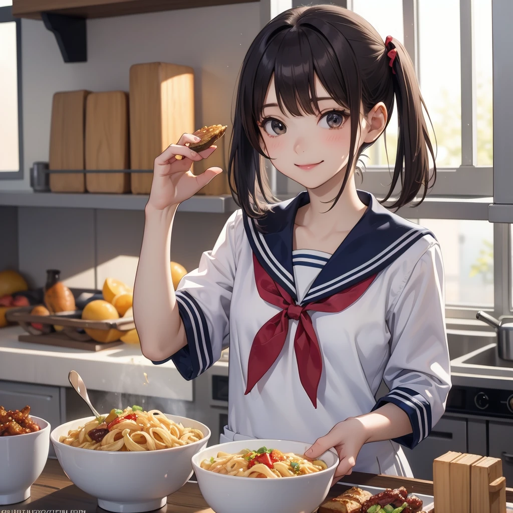 masutepiece, Best Quality, 8K, Raw photo, absurderes, super realistic food picture, realistic style, realistic,8k photorealism,2girl,15 years old,highschool student,(small brests:1.2),(skinny:1.2),(sailor suit:1.3),(girls high school uniform:1.3),(cute sailor suit:1.3),(short ponytails:1.3),akb48,nogizaka46,girl eating a bowl of meat sauce pasta in a kitchen, food,  (smile:1.2),(facial:1.0),(cum on food:1.0),(cum on face:1.0),(bob cut:1.1),