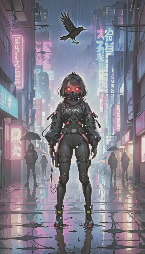 cyber punk，Cute Armed Girl，bob，Blood on the face，neon sign，downtown at night，A lot of neon signiscellaneous，night rain，get wet i...