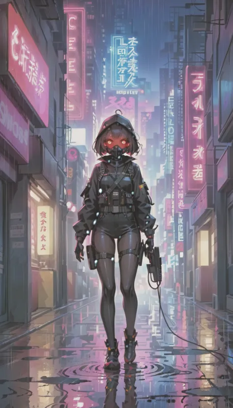 cyber punk，Cute Armed Girl，bob，Blood on the face，neon sign，downtown at night，A lot of neon signiscellaneous，night rain，get wet i...