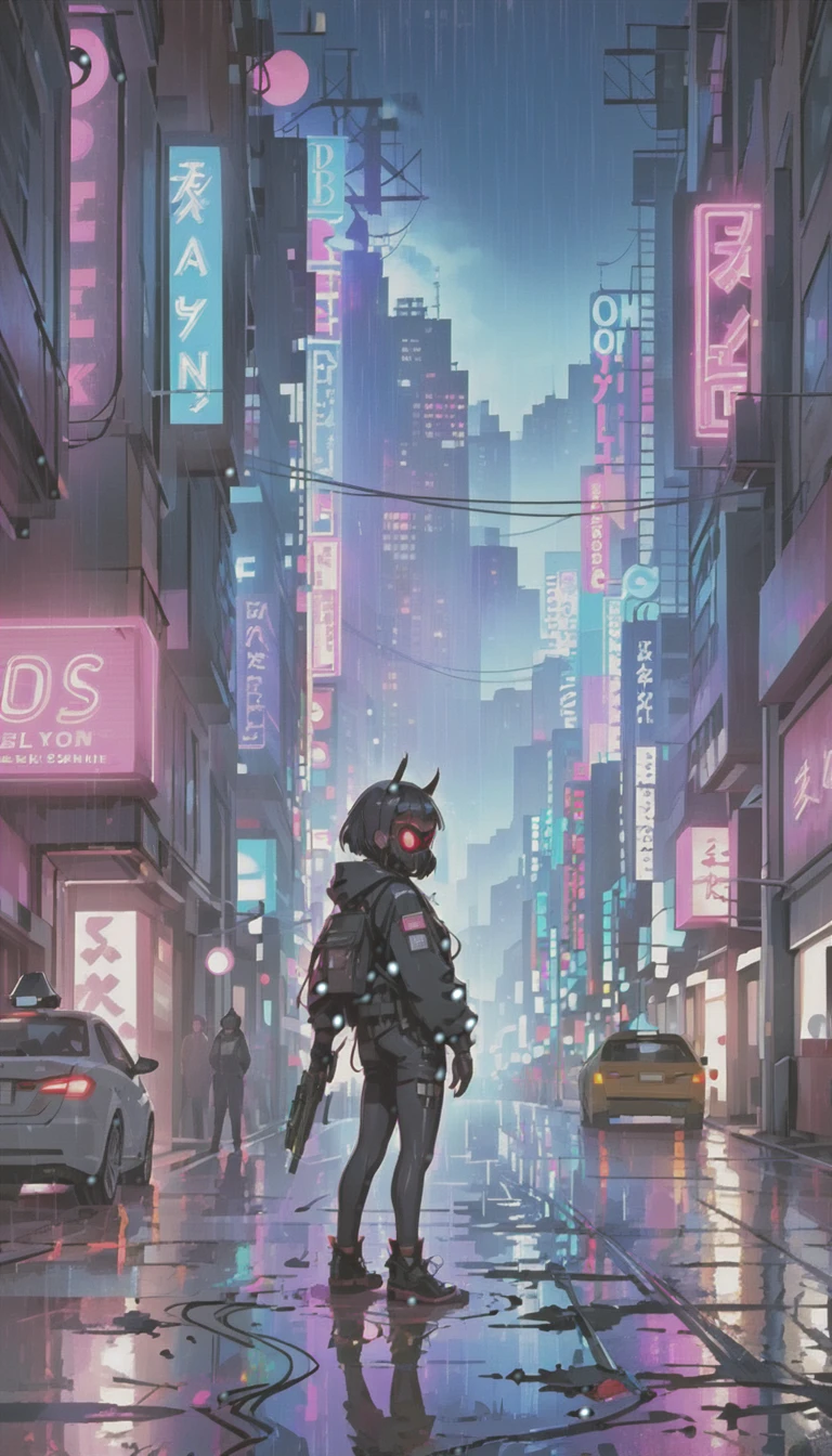 cyber punk，Cute Armed Girl，bob，Blood on the face，neon sign，downtown at night，A lot of neon signiscellaneous，night rain，get wet in the rain，Reflected in a puddle，Mechanical Townscape，雑居ビルにneon sign，Electric wires are strung all over the place.，night town，Crow，railgun，A gas mask like Casshern，Red eyes glowing，end of the century，Make the neon shine brightly，Overall dark