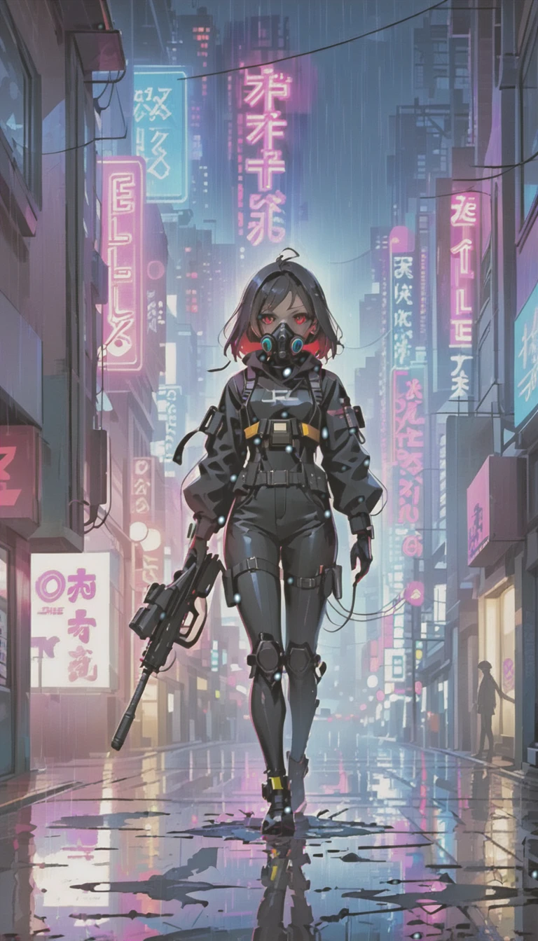 cyber punk，Cute Armed Girl，bob，Blood on the face，neon sign，downtown at night，A lot of neon signiscellaneous，night rain，get wet in the rain，Reflected in a puddle，Mechanical Townscape，雑居ビルにneon sign，Electric wires are strung all over the place.，night town，Crow，railgun，A gas mask like Casshern，Red eyes glowing，end of the century，Make the neon shine brightly，Overall dark