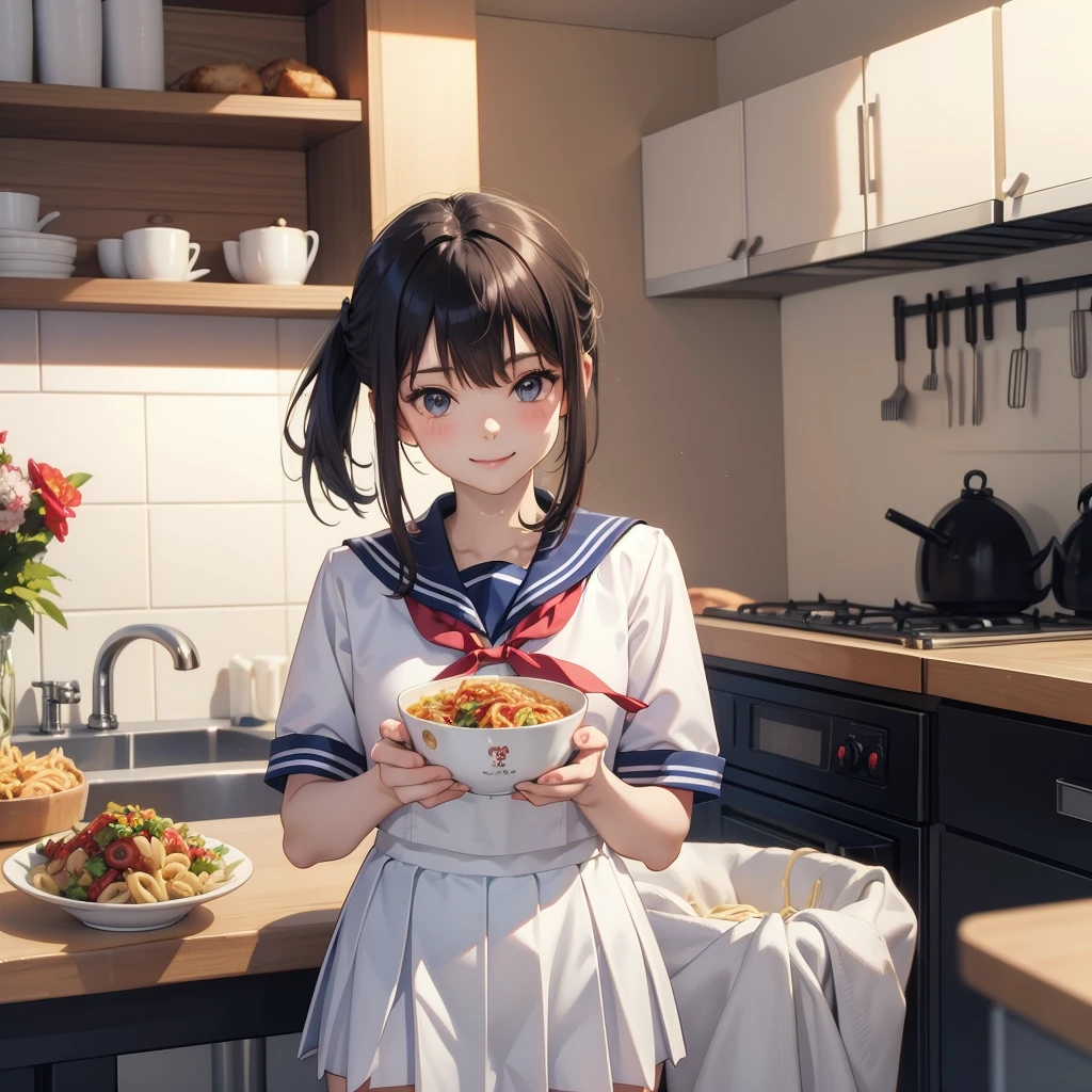 masutepiece, Best Quality, 8K, Raw photo, absurderes, super realistic food picture, realistic style, realistic,8k photorealism,2girl,15 years old,highschool student,(small brests:1.2),(skinny:1.2),(sailor suit:1.3),(girls high school uniform:1.3),(cute sailor suit:1.3),(short ponytails:1.3),akb48,nogizaka46,girl eating a bowl of meat sauce pasta in a kitchen, food,  (smile:1.2),(facial:1.0),(cum on food:1.0),(cum on face:1.0),(bob cut:1.1),