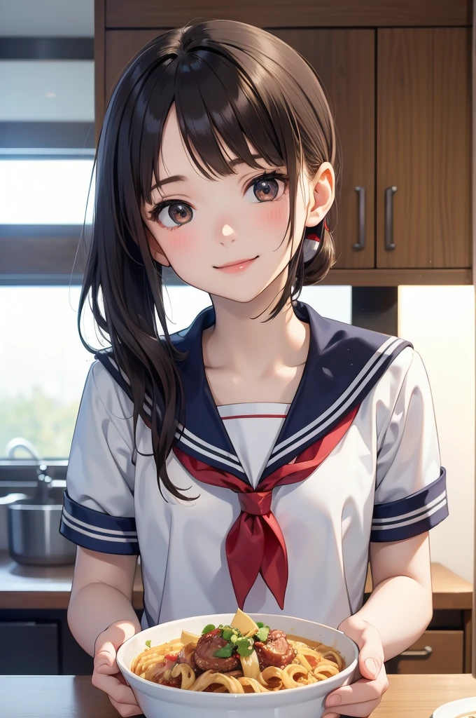 masutepiece, Best Quality, 8K, Raw photo, absurderes, super realistic food picture, realistic style, realistic,8k photorealism,2girl,15 years old,highschool student,(small brests:1.2),(skinny:1.2),(sailor suit:1.3),(girls high school uniform:1.3),(cute sailor suit:1.3),(short ponytails:1.3),akb48,nogizaka46,girl eating a bowl of meat sauce pasta in a kitchen, food,  (smile:1.2),(facial:1.0),(cum on food:1.0),(cum on face:1.0),(bob cut:1.1),