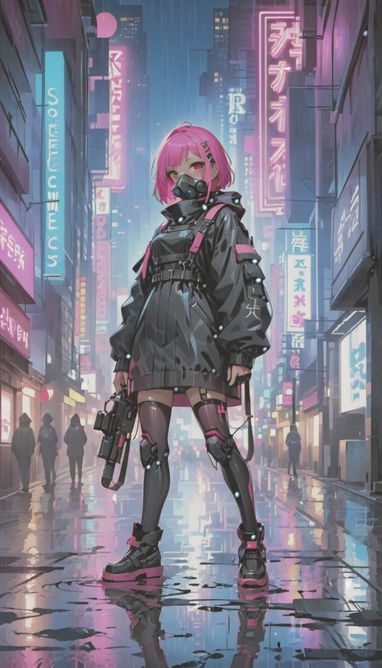 cyber punk，Cute Armed Girl，bob，The inner color of the hair is pink，Blood on the face，neon blue，neon pink，neon sign，downtown at night，A lot of neon signiscellaneous，night rain，get wet in the rain，Reflected in a puddle，Mechanical Townscape，Neon sign in a multi-tenant building，Electric wires are strung all over the place.，night town，Crow，railgun，A gas mask like Casshern，Red eyes glowing，end of the century，Make the neon shine brightly，Overall dark