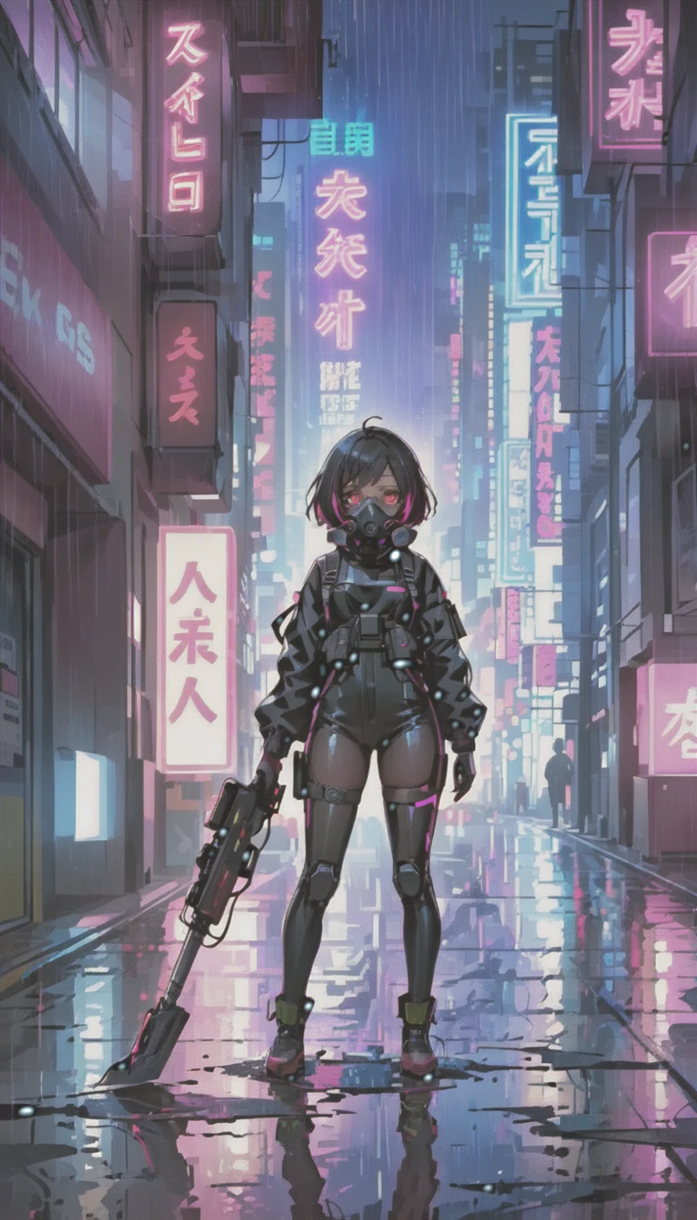 cyber punk，Cute Armed Girl，bob，The inner color of the hair is pink，Blood on the face，neon blue，neon pink，neon sign，downtown at night，A lot of neon signiscellaneous，night rain，get wet in the rain，Reflected in a puddle，Mechanical Townscape，雑居ビルにneon sign，Electric wires are strung all over the place.，night town，Crow，railgun，A gas mask like Casshern，Red eyes glowing，end of the century，Make the neon shine brightly，Overall dark