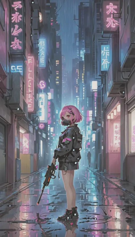 cyber punk，Cute Armed Girl，bob，The inner color of the hair is pink，Blood on the face，neon blue，neon pink，neon sign，narrow back a...
