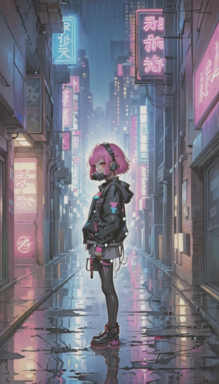 cyber punk，Cute Armed Girl，bob，The inner color of the hair is pink，Blood on the face，neon blue，neon pink，neon sign，narrow back alley，Underground，downtown at night，A lot of neon signiscellaneous，night rain，get wet in the rain，Reflected in a puddle，Mechanical Townscape，Neon sign in a multi-tenant building，Electric wires are strung all over the place.，night town，Crow，railgun，A gas mask like Casshern，Red eyes glowing，end of the century，Make the neon shine brightly，Overall dark