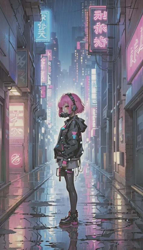 cyber punk，Cute Armed Girl，bob，The inner color of the hair is pink，Blood on the face，neon blue，neon pink，neon sign，narrow back a...
