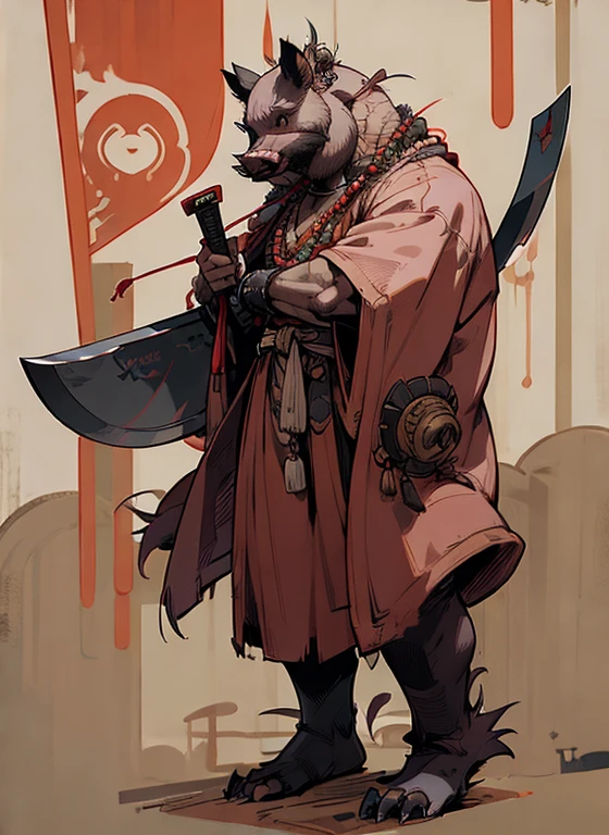 (head to toe: 2.0), (full body image: 2.0), solo, anthropomorphic boar, (head of a boar: 1.3), large, fat, muscular, (carrying a large cleaver: 1.4), regal clothing, sword and cepter, facial piercings, , extremely stylized, deviant art, masterpiece, highly detailed, detailed eyes, expressive detailed eyes, detailed pupils, crown, boots, entire body image, full body shot, nvinkpunk, professional photograph of alexander_skarsgard, tassles, large beads, large tassels, ((bald: 1.4)), pale pink skin