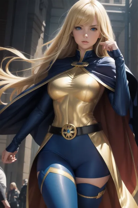 comic art, woman, super hero, straight blonde hair, bangs, cape, blue tights, gold belt