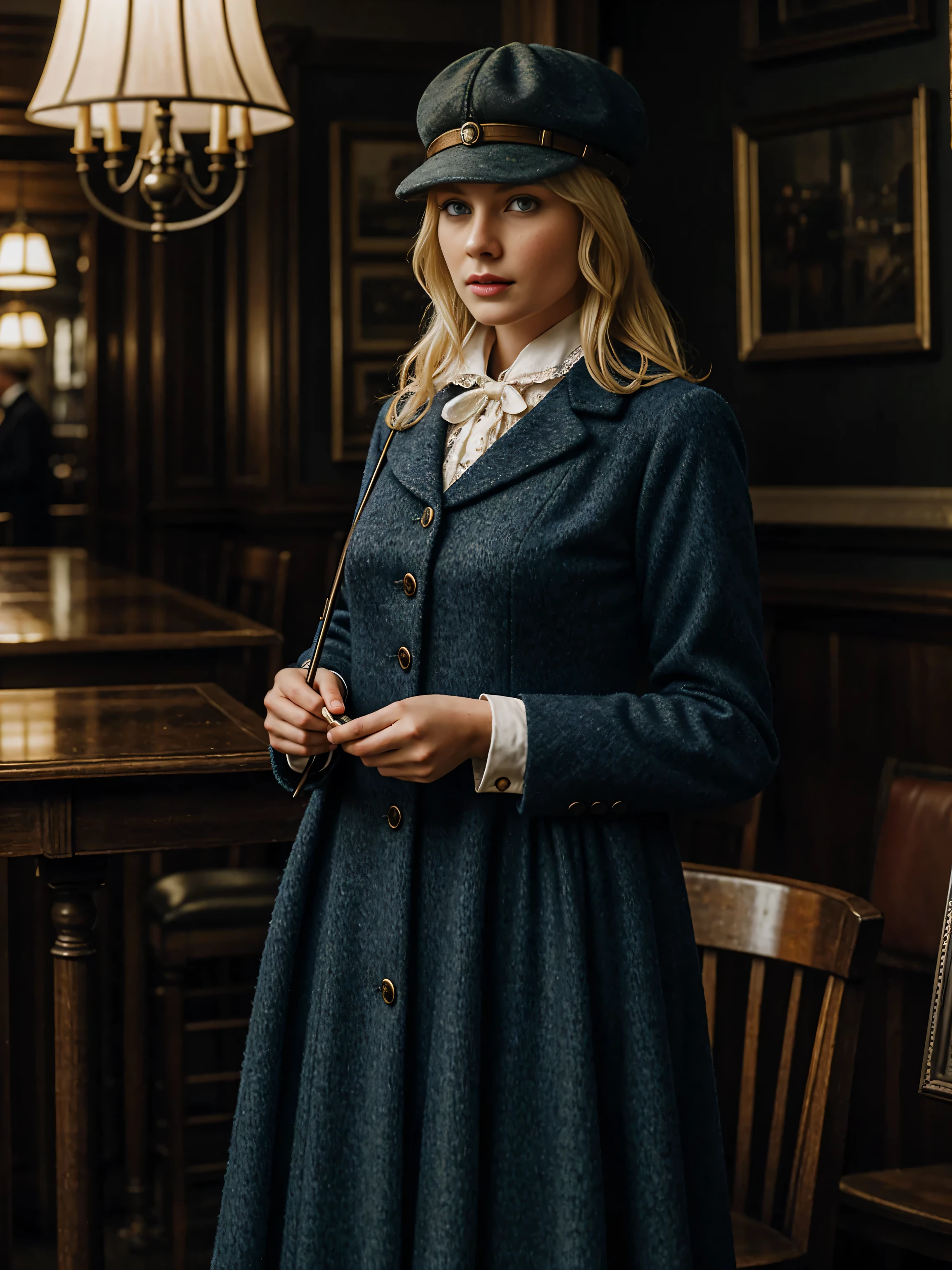 blond woman with blue eyes, wears a deerstalker cap, dressed like Sherlock Holmes, hyperrealistic , 28 years old, masterpiece, wear a oldstyle victorian dress, hold a Magnifying glass, oldstyle, indoor, Moody light, old London City pub, foggy Atmosphere, 