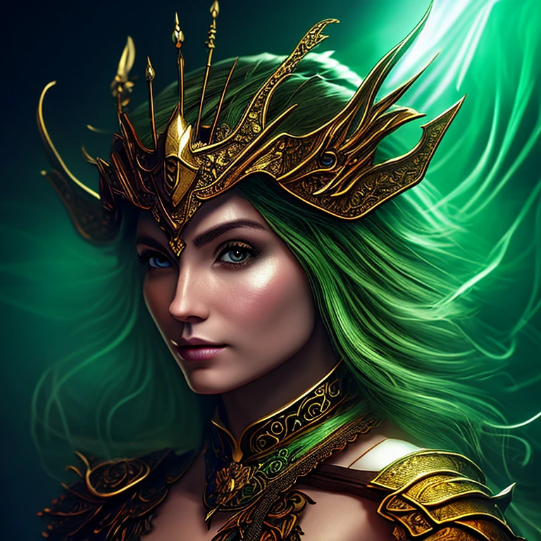 Arte de Skyrim, Arte De Fantasía, ilustración de fantasía, linda mujer, con cabello largo, pelo verde, armadura de color verde oscuro, armadura con escote, , decoración de oro, aura de nigromancia, flotando, anatomía perfecta, acercándose a la perfección, dinámica, Muy detallado, suave, enfoque nítido, detalles intrincados, Muy detallado, misterioso, increíble, cinematográfico, arte digital, 4k,