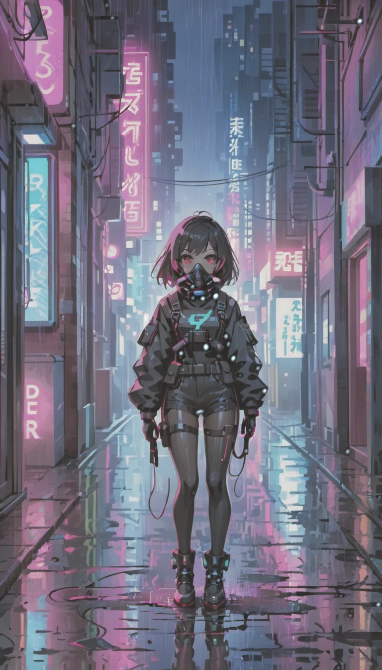 cyber punk，Cute Armed Girl，bob，The inner color of the hair is pink，Blood on the face，neon blue，neon pink，neon sign，narrow back alley，Underground，downtown at night，A lot of neon signiscellaneous，night rain，get wet in the rain，Reflected in a puddle，Mechanical Townscape，Neon sign in a multi-tenant building，Electric wires are strung all over the place.，night town，Crow，railgun，A gas mask like Casshern，Red eyes glowing，end of the century，Make the neon shine brightly，Overall dark，Increase saturation