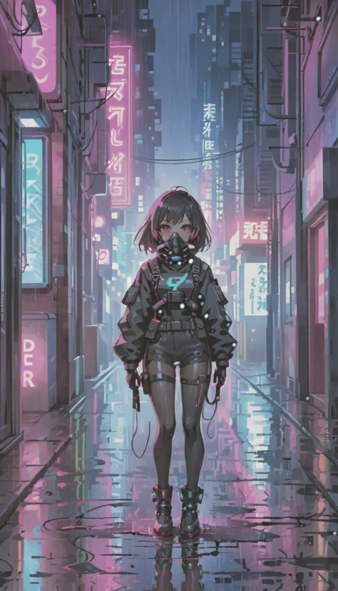 cyber punk，Cute Armed Girl，bob，The inner color of the hair is pink，Blood on the face，neon blue，neon pink，neon sign，narrow back a...