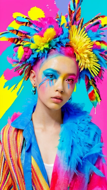 The image shows a person with a vibrant and colorful makeup and hairstyle. The individual has a bold, colorful eye makeup with blue and pink hues, and their cheeks are adorned with a similar color palette. They are wearing a headpiece that appears to be made of colorful, fluffy materials, possibly feathers or a similar texture, in shades of red, blue, and pink. The person is also wearing a garment with a bright yellow and blue striped pattern.

The background is a colorful abstract painting with splashes of blue, yellow, and red, which complements the overall colorful theme of the image. The person is holding a pencil, suggesting they might be involved in some form of artistic activity. The overall aesthetic of the image is playful and artistic, with a strong emphasis on color and creativity.