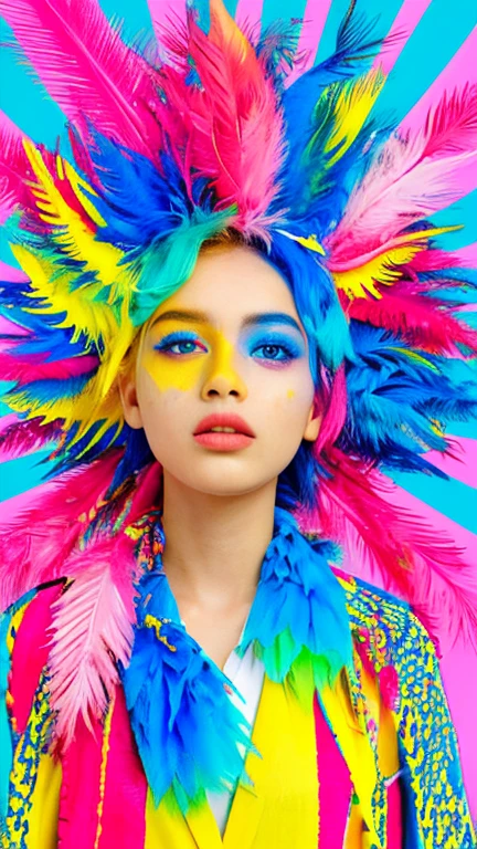 The image shows a person with a vibrant and colorful makeup and hairstyle. The individual has a bold, colorful eye makeup with blue and pink hues, and their cheeks are adorned with a similar color palette. They are wearing a headpiece that appears to be made of colorful, fluffy materials, possibly feathers or a similar texture, in shades of red, blue, and pink. The person is also wearing a garment with a bright yellow and blue striped pattern.

The background is a colorful abstract painting with splashes of blue, yellow, and red, which complements the overall colorful theme of the image. The person is holding a pencil, suggesting they might be involved in some form of artistic activity. The overall aesthetic of the image is playful and artistic, with a strong emphasis on color and creativity.