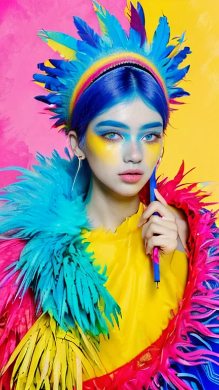 The image shows a person with a vibrant and colorful makeup and hairstyle. The individual has a bold, colorful eye makeup with blue and pink hues, and their cheeks are adorned with a similar color palette. They are wearing a headpiece that appears to be made of colorful, fluffy materials, possibly feathers or a similar texture, in shades of red, blue, and pink. The person is also wearing a garment with a bright yellow and blue striped pattern.

The background is a colorful abstract painting with splashes of blue, yellow, and red, which complements the overall colorful theme of the image. The person is holding a pencil, suggesting they might be involved in some form of artistic activity. The overall aesthetic of the image is playful and artistic, with a strong emphasis on color and creativity.