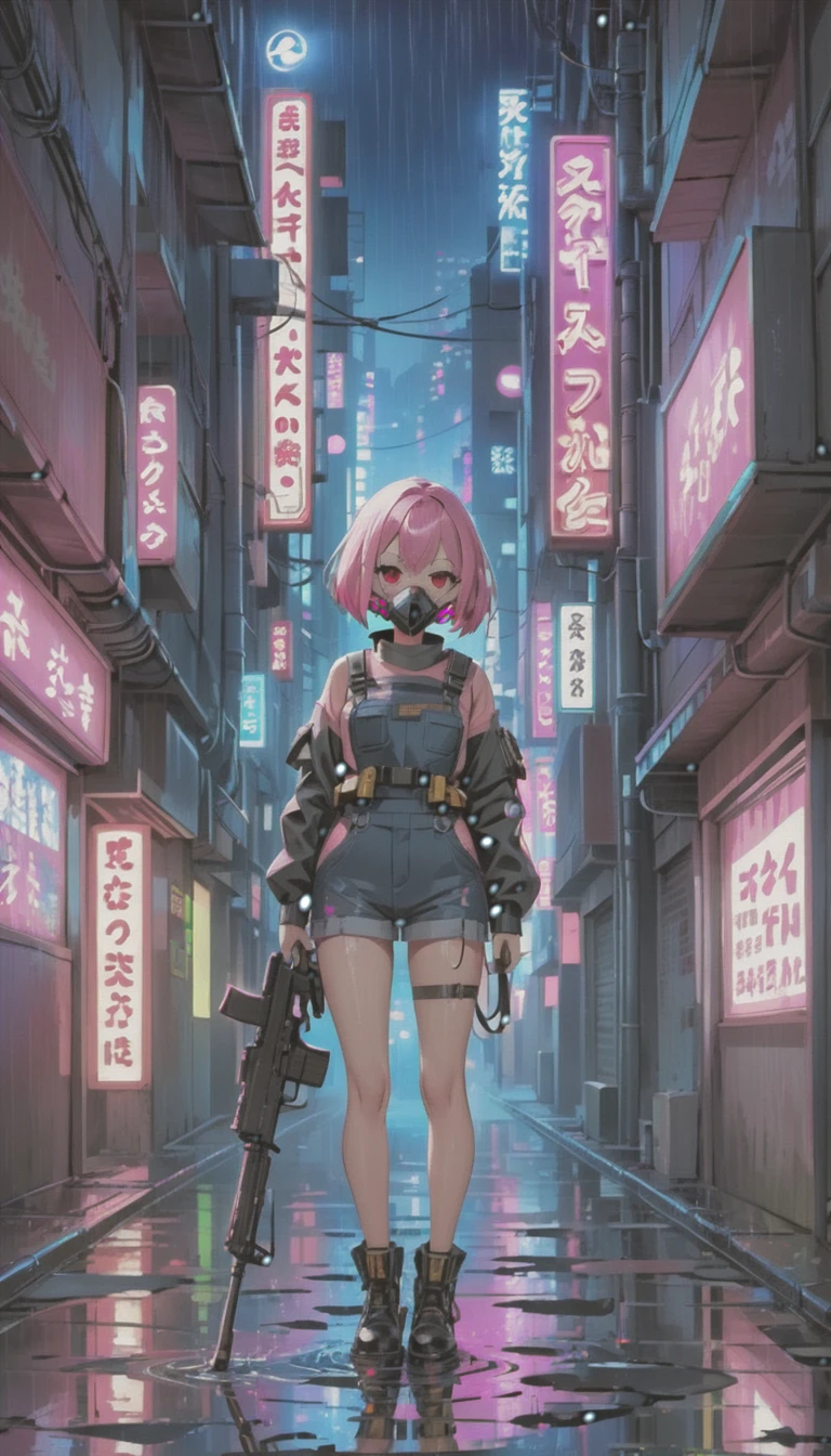 cyber punk，Cute Armed Girl，cute girl，bob，The inner color of the hair is pink，Blood on the face，neon blue，neon pink，neon sign，narrow back alley，Kabukicho，Underground，downtown at night，A lot of neon signiscellaneous，night rain，get wet in the rain，Reflected in a puddle，Mechanical Townscape，Neon sign in a multi-tenant building，Electric wires are strung all over the place.，100 electric wires，night town，Crow，railgun，Pointing a Gun，A gas mask like Casshern，Red eyes glowing，end of the century，Make the neon shine brightly，Overall dark，Increase saturation