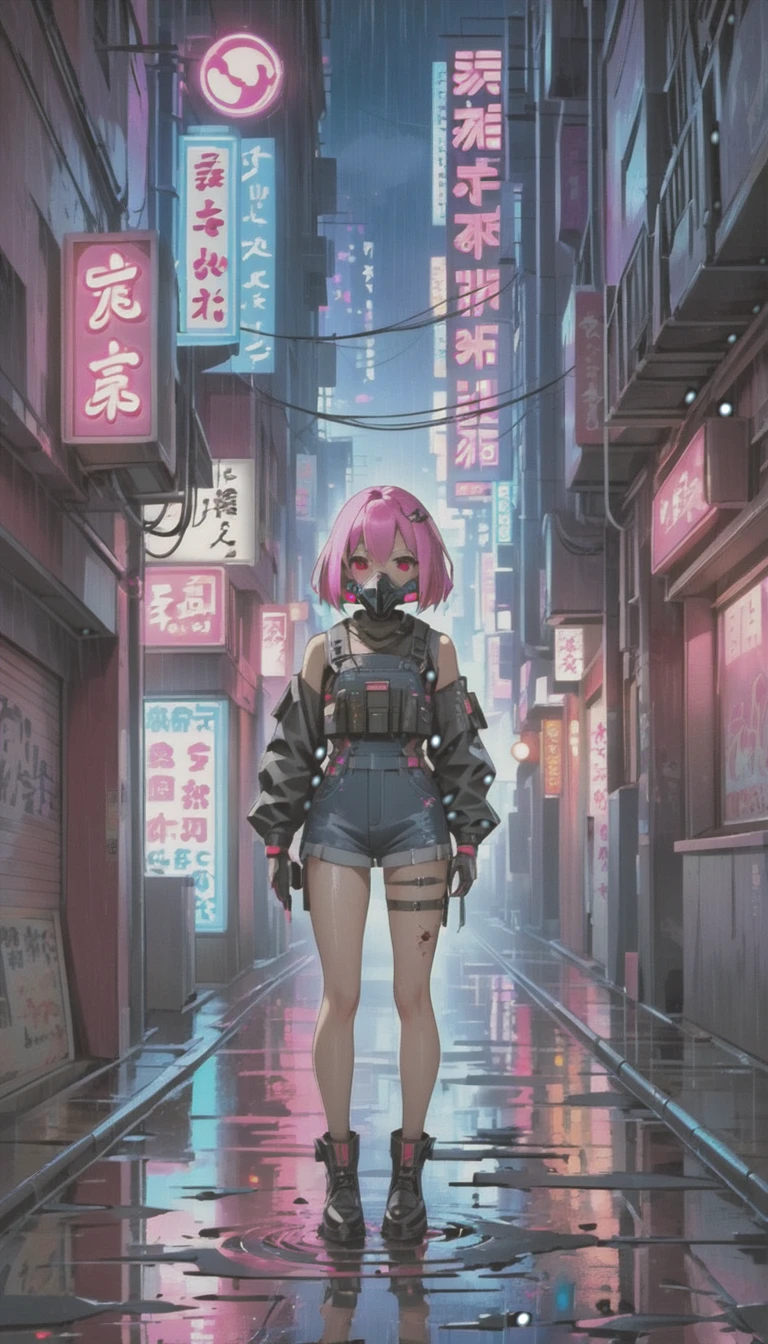 cyber punk，Cute Armed Girl，cute girl，bob，The inner color of the hair is pink，Blood on the face，neon blue，neon pink，neon sign，narrow back alley，kabukicho，Underground，downtown at night，A lot of neon signiscellaneous，night rain，get wet in the rain，Reflected in a puddle，Mechanical Townscape，雑居ビルにneon sign，Electric wires are strung all over the place.，100 electric wires，night town，Crow，railgun，Pointing a Gun，A gas mask like Casshern，Red eyes glowing，end of the century，Make the neon shine brightly，Overall dark，Increase saturation