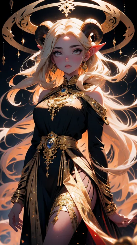 beautiful young girl, with dark golden hair and rounded horns, round horns, ram's horns, her zodiac sign is Aries, femme fatale,...