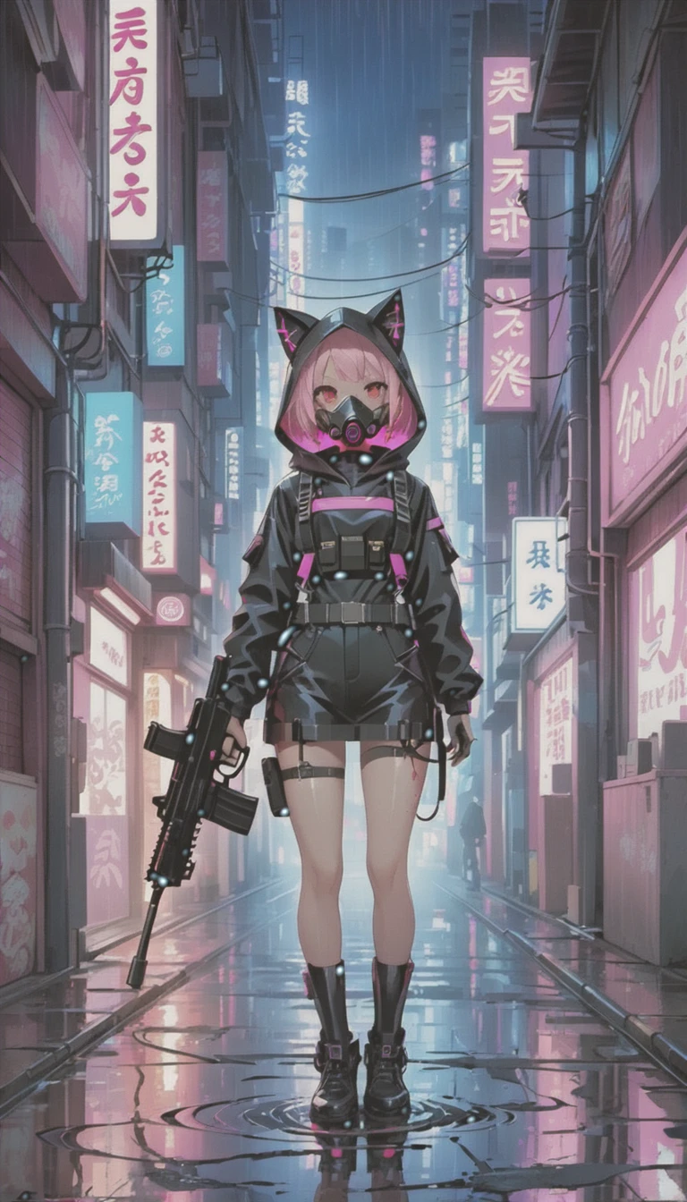 cyber punk，Cute Armed Girl，cute girl，cat ear hood，bob，The inner color of the hair is pink，Blood on the face，neon blue，neon pink，neon sign，narrow back alley，kabukicho，Underground，downtown at night，city，future city，A lot of neon signiscellaneous，night rain，get wet in the rain，Reflected in a puddle，Mechanical Townscape，雑居ビルにneon sign，Electric wires are strung all over the place.，100 electric wires，night town，Crow，railgun，Pointing a Gun，A gas mask like Casshern，Red eyes glowing，end of the century，Make the neon shine brightly，Overall dark，Increase saturation