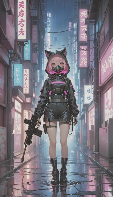 cyber punk，Cute Armed Girl，cute girl，cat ear hood，bob，The inner color of the hair is pink，Blood on the face，neon blue，neon pink，...