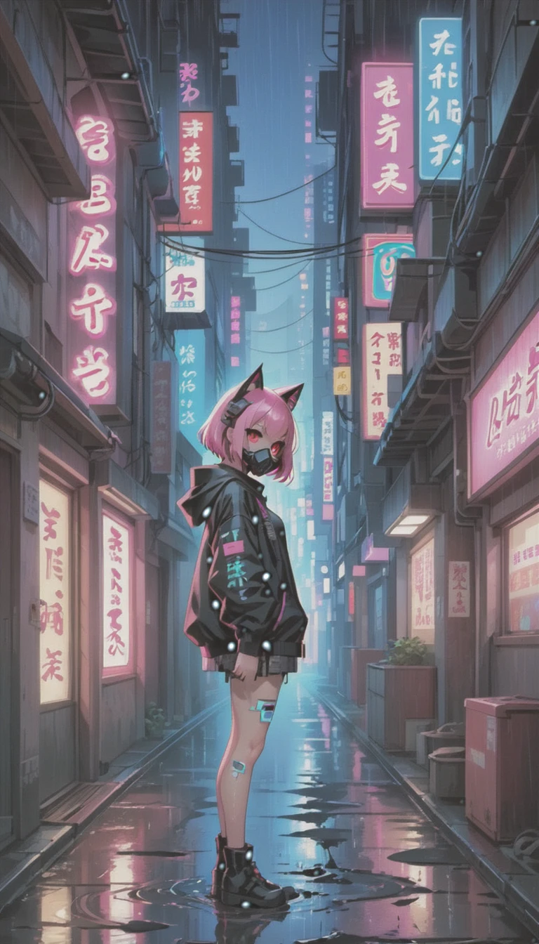 cyber punk，Cute Armed Girl，cute girl，cat ear hood，bob，The inner color of the hair is pink，Blood on the face，Adhesive plaster on the knee，neon blue，neon pink，neon sign，narrow back alley，Kabukicho，Underground，downtown at night，city，future city，Lots of Japanese neon signiscellaneous，night rain，get wet in the rain，Reflected in a puddle，Mechanical Townscape，Neon sign in a multi-tenant building，Electric wires are strung all over the place.，100 electric wires，night town，Crow，railgun，Pointing a Gun，A gas mask like Casshern，Red eyes glowing，end of the century，Make the neon shine brightly，Overall dark，Increase saturation