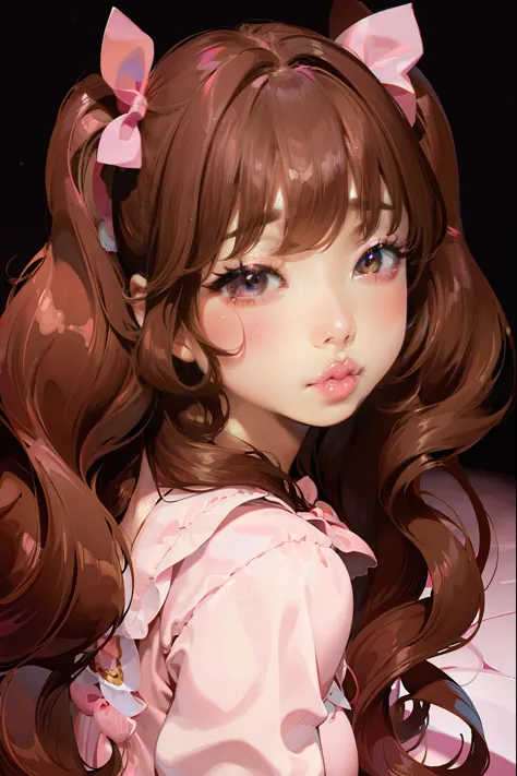 massive , big ass, juicy lips, big lips, massive lashes, long brown hair, twin tails, hair down, pink bow, pink clothes