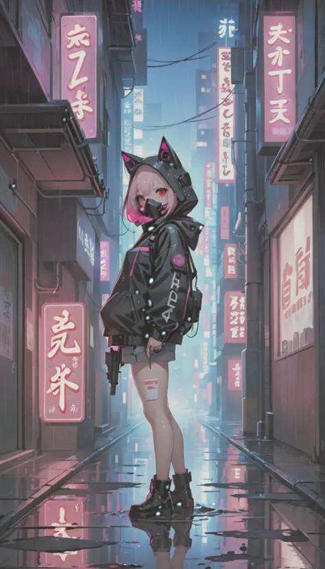 cyber punk，Cute Armed Girl，cute girl，cat ear hood，bob，The inner color of the hair is pink，Blood on the face，Adhesive plaster on ...