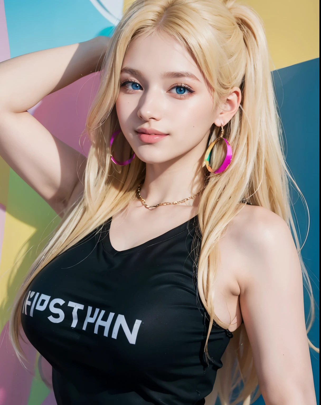 A close up of a woman with long blonde hair wearing a black top - SeaArt AI