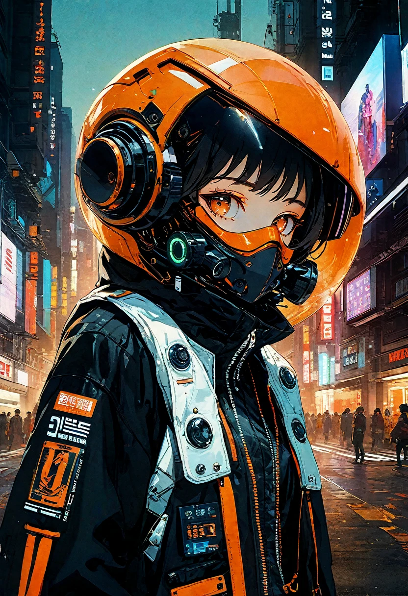 Opaleszenz technisches digitales Design. Wir sind bondito, wir sind bondito gangsterito. perfekte Augen, Neo-Harajuku-Stil höchster Qualität, der die Stimmung einer postapokalyptischen Welt verkörpert, komplizierte Roboterdetails, Space-Age-Outfit mit scharfen Schattenkontrasten, auffallend leuchtende Farben, atmosphärische Staubpartikel, verstreute Gesichter, verfallende Stadt Hintergrund, digitales UHD-Rendering, fesselnder Modemix und Dystopie.mit dunklen Weiß- und hellroten Farben, ein hyperrealistisches Portrait in hellen Schwarz- und Orangetönen. --mit 103:128.