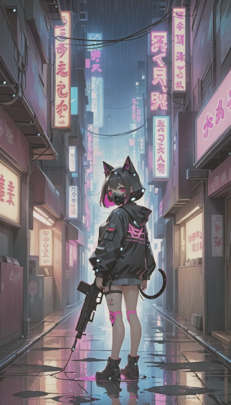 cyber punk，Cute Armed Girl，look back，cute girl，cat ear hood，bob，The inner color of the hair is pink，Blood on the face，Adhesive plaster on the knee，Neon Blue Shadows，Neon pink highlights，neon sign，Very narrow alley，Crow rummaging through the trash，Black cat，Kabukicho，Underground，downtown at night，city，future city，Lots of Japanese neon signiscellaneous，night rain，get wet in the rain，Reflected in a puddle，Mechanical Townscape，Neon sign in a multi-tenant building，Electric wires are strung all over the place.，100 electric wires，night town，Crow，railgun，Pointing a Gun，A gas mask like Casshern，Red eyes glowing，end of the century，Make the neon shine brightly，Overall dark，Increase saturation