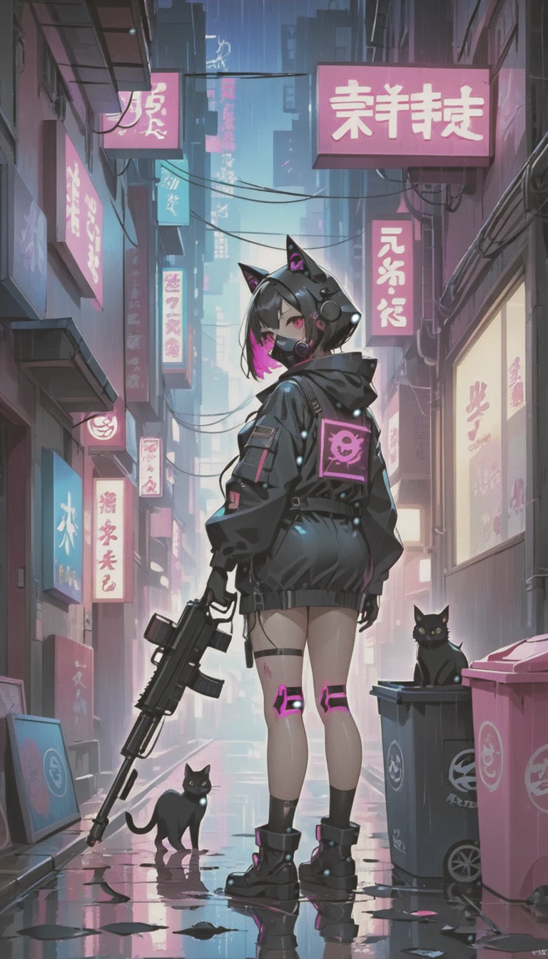 cyber punk，Cute Armed Girl，look back，cute girl，cat ear hood，bob，The inner color of the hair is pink，Blood on the face，Adhesive plaster on the knee，Neon Blue Shadows，Neon pink highlights，neon sign，Very narrow alley，Crows rummaging through trash cans，Black cat in the back，kabukicho，Underground，downtown at night，city，future city，Lots of Japanese neon signiscellaneous，night rain，get wet in the rain，Reflected in a puddle，Mechanical Townscape，雑居ビルにneon sign，Electric wires are strung all over the place.，100 electric wires，night town，Crow on a power line，railgun，Pointing a Gun，A gas mask like Casshern，Red eyes glowing，end of the century，Make the neon shine brightly，Overall dark，Increase saturation