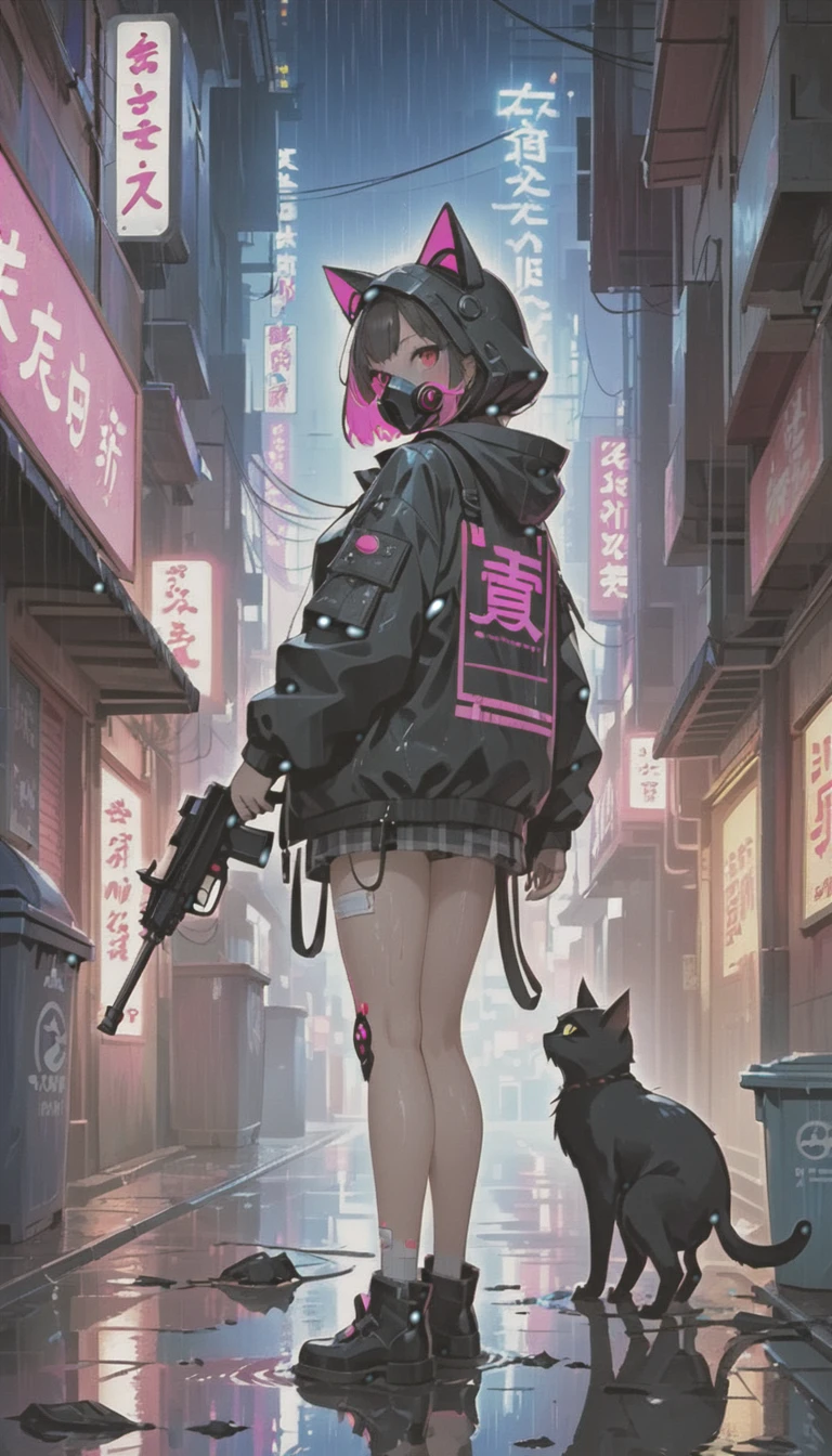 cyber punk，Cute Armed Girl，look back，cute girl，cat ear hood，bob，The inner color of the hair is pink，Blood on the face，Adhesive plaster on the knee，Neon Blue Shadows，Neon pink highlights，neon sign，Very narrow alley，Crows rummaging through trash cans，Black cat in the back，Kabukicho，Underground，downtown at night，city，future city，Lots of Japanese neon signiscellaneous，night rain，get wet in the rain，Reflected in a puddle，Mechanical Townscape，Neon sign in a multi-tenant building，Electric wires are strung all over the place.，100 electric wires，night town，Crow on a power line，railgun，Pointing a Gun，A gas mask like Casshern，Red eyes glowing，end of the century，Make the neon shine brightly，Overall dark，Increase saturation