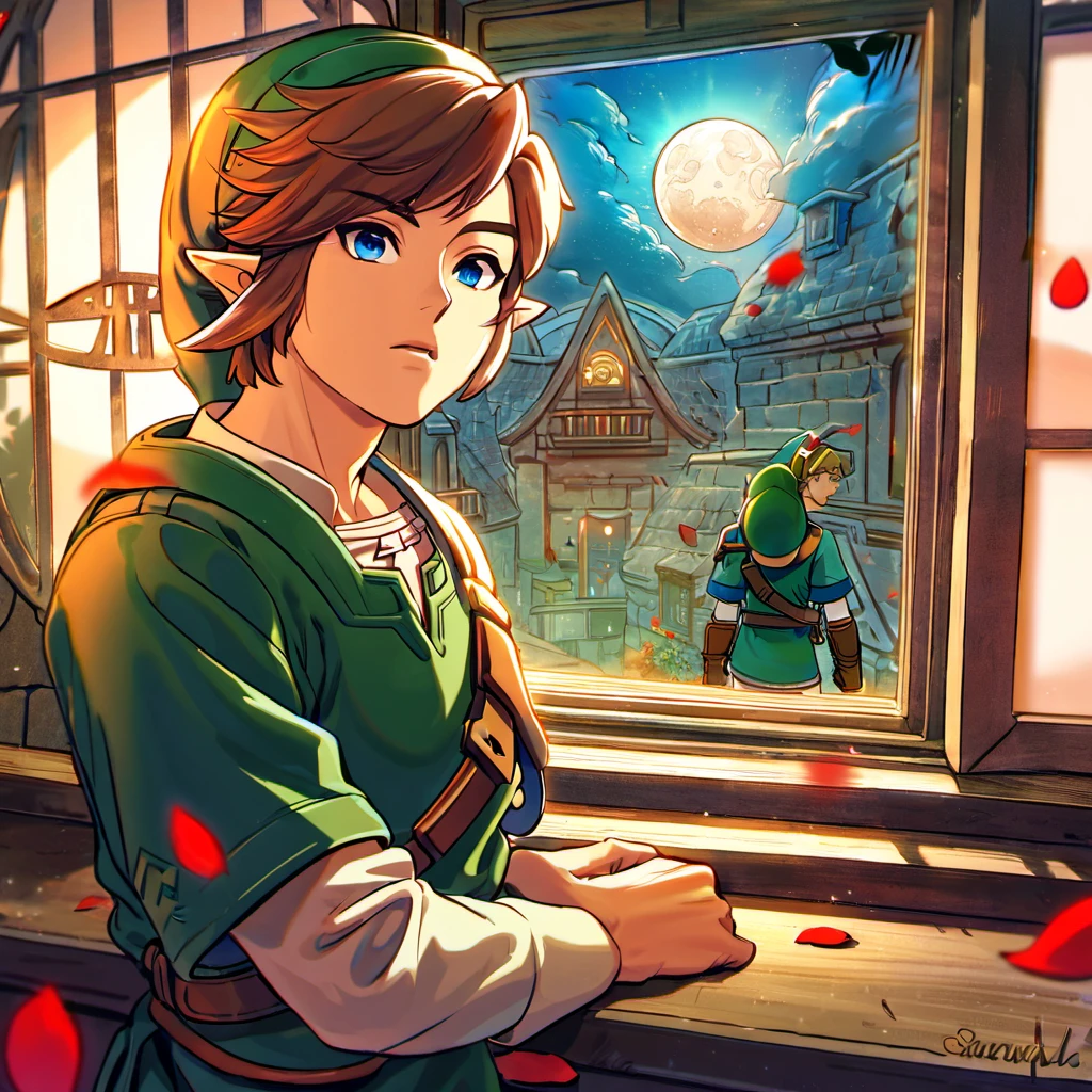 absurdres, highres, ultra detailed, HDR), master piece, best quality, Link, dark brown hair, expressive dark blue eyes, the legend of zelda skyward sword, 1man, handsome, green tunic, green hat, window, moon, red petals