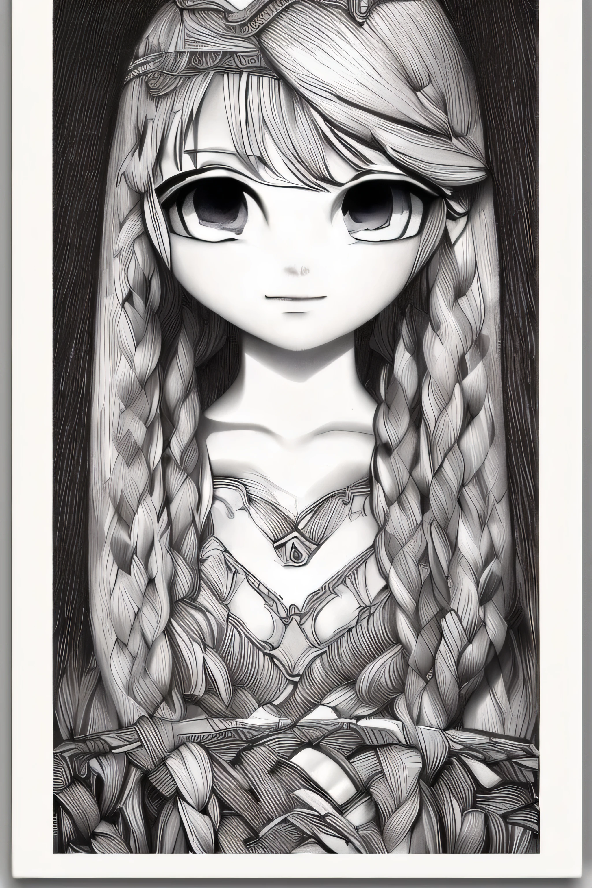 Monochrome clean line drawing: Japanese sketch: Princess Rapunzel (best quality, 4k.8k, masterpiece: 1.2), ultra-detailed (realistic, photorealistic, photo-realistic: 1.37), sketch drawing, clean lines, India ink, sketches, expressive features, monochrome black and white, ceremony.