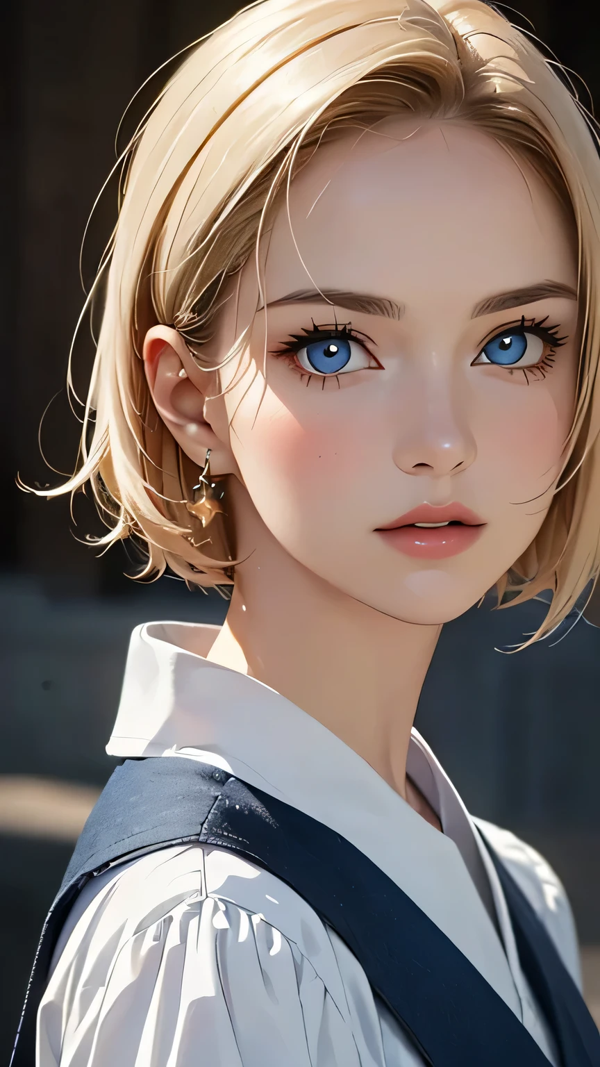 (highest quality,4k,8K,High resolution,masterpiece:1.2),Super detailed,realistic:1.37,portrait,blonde,blue eyes,white skin,medieval clothing,detailed facial features,beautiful lips,gorgeous eyes,A wonderful expression,retro style,soft lighting,Bright colors,short hair,break,cowboy shot,