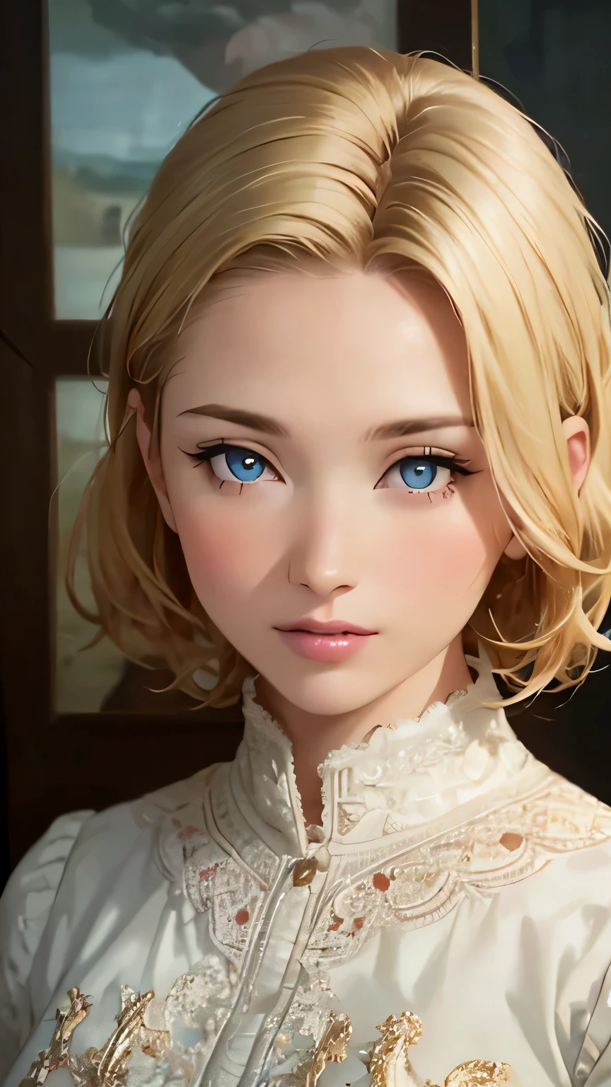 (highest quality,4k,8K,High resolution,masterpiece:1.2),Super detailed,realistic:1.37,portrait,blonde,blue eyes,white skin,medieval clothing,detailed facial features,beautiful lips,gorgeous eyes,A wonderful expression,retro style,soft lighting,Bright colors,short hair,break,cowboy shot,