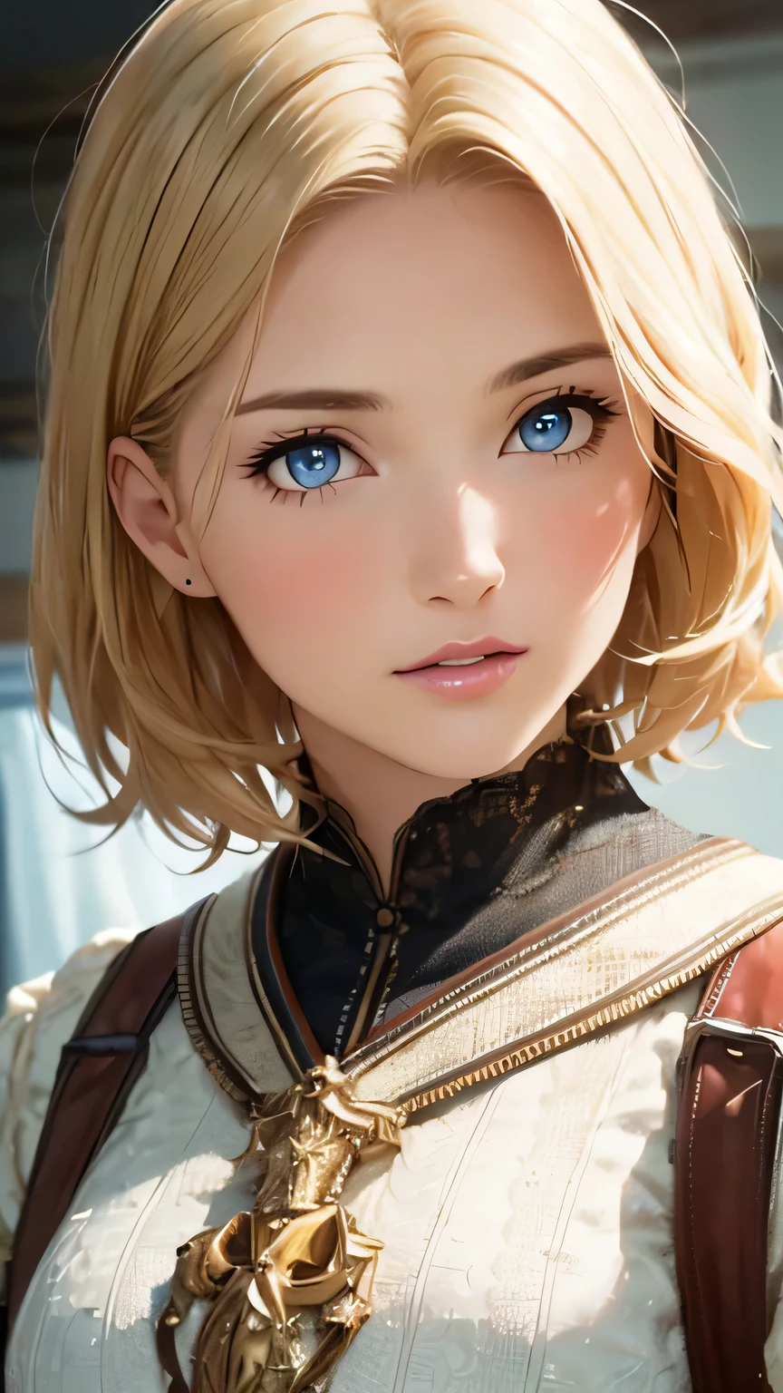 (highest quality,4k,8K,High resolution,masterpiece:1.2),Super detailed,realistic:1.37,portrait,blonde,blue eyes,white skin,medieval clothing,detailed facial features,beautiful lips,gorgeous eyes,A wonderful expression,retro style,soft lighting,Bright colors,short hair,break,cowboy shot,