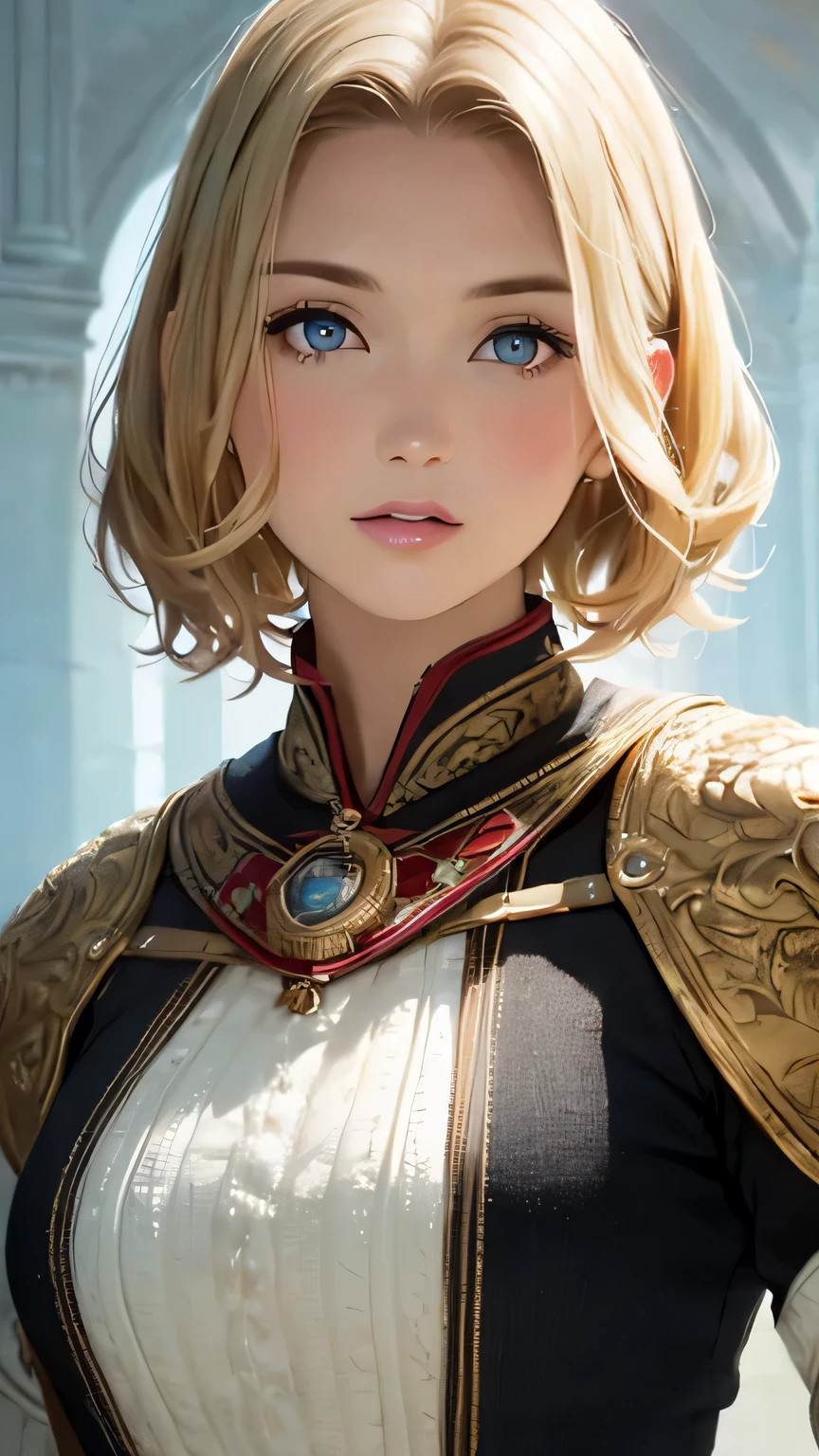 (highest quality,4k,8K,High resolution,masterpiece:1.2),Super detailed,realistic:1.37,portrait,blonde,blue eyes,white skin,medieval clothing,detailed facial features,beautiful lips,gorgeous eyes,A wonderful expression,retro style,soft lighting,Bright colors,short hair,break,cowboy shot,