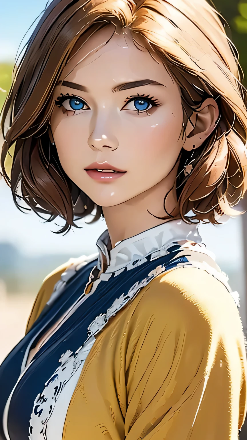 (highest quality,4k,8K,High resolution,masterpiece:1.2),Super detailed,realistic:1.37,portrait,blonde,blue eyes,white skin,medieval clothing,detailed facial features,beautiful lips,gorgeous eyes,A wonderful expression,retro style,soft lighting,Bright colors,short hair,break,cowboy shot,