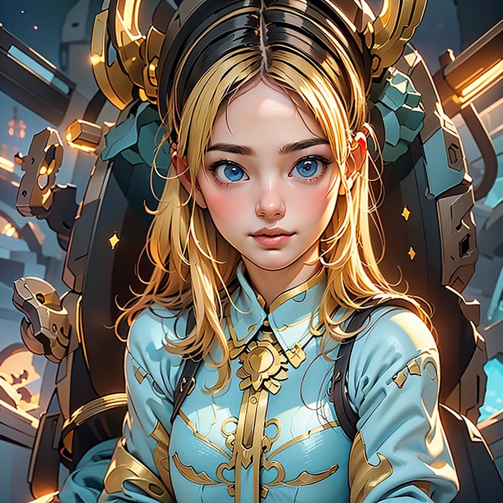 "(best quality, highres:1.2), realistic, anime, portraits, young blonde girl, beautiful detailed eyes, aesthetic body, dark blue eyes, long lashes, beautiful detailed lips, white clothes with blue details, wearing a golden necklace, on a spaceship, futuristic background, soft lighting, vibrant colors, space exploration"