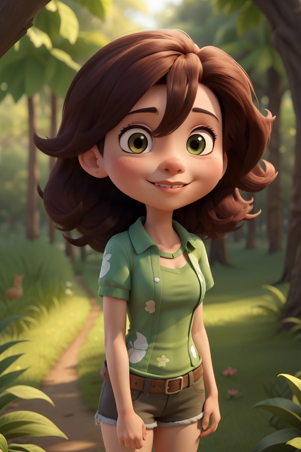 A cartoon girl in a green shirt and shorts stands in the woods - SeaArt AI