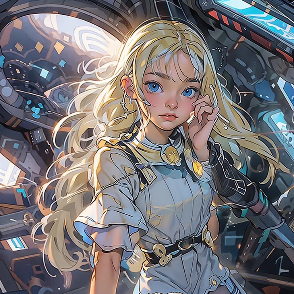 (best quality,4k,high res),ultra-detailed,anime,portrait,young,young blonde girl,aesthetic,body,dark blue eyes,detailed eyes,white clothes,blue details,fitting tight clothes,tight sleeves,spaghetti straps,short skirt,frills,fluffy skirt,spaceship,interior of a spaceship,golden necklace,vivid colors,soft lighting,blue color scheme