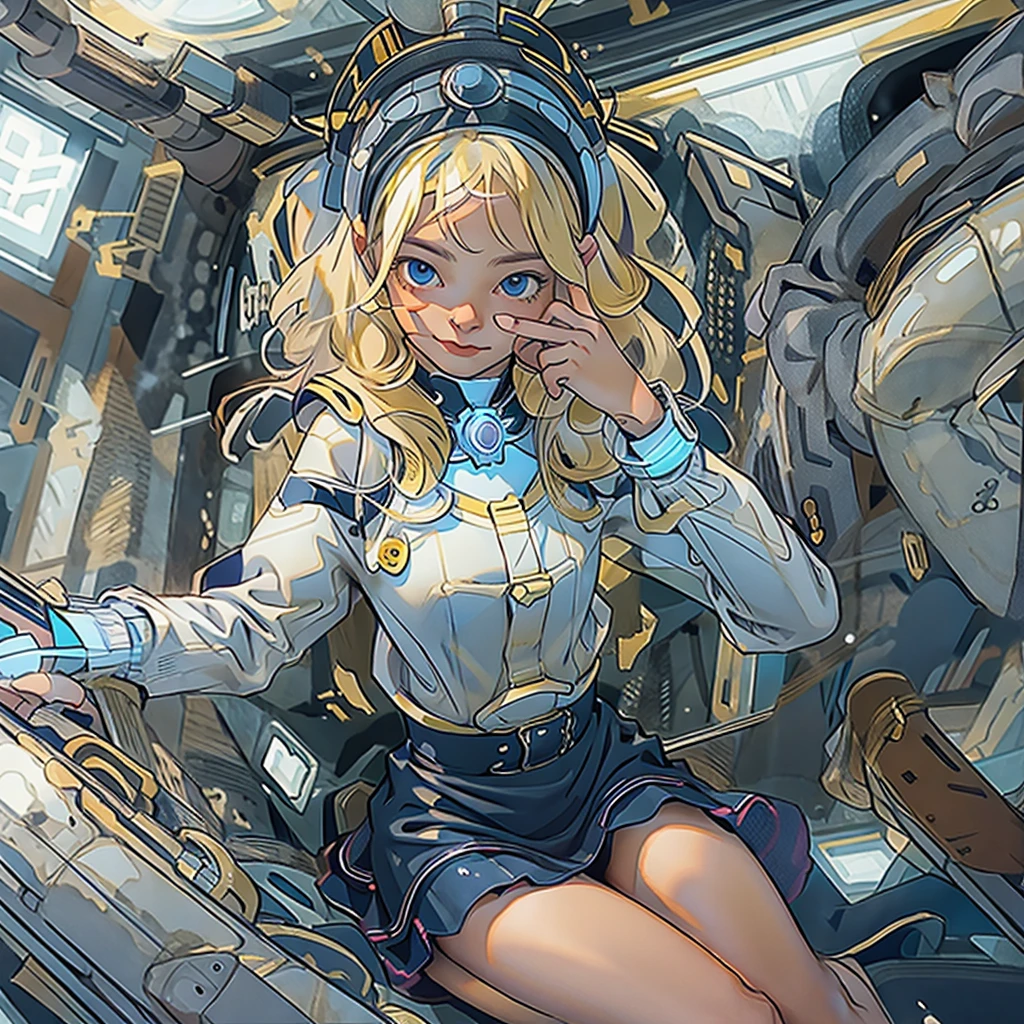 (best quality,4k,high res),ultra-detailed,anime,portrait,young,young blonde girl,aesthetic,body,dark blue eyes,detailed eyes,white clothes,blue details,fitting tight clothes,tight sleeves,spaghetti straps,short skirt,frills,fluffy skirt,spaceship,interior of a spaceship,golden necklace,vivid colors,soft lighting,blue color scheme